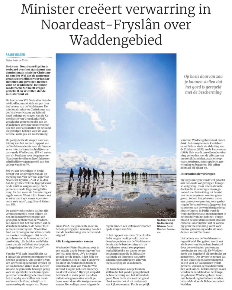 “Minister creëert verwarring in Noardeast-Fryslân over Waddengebied”