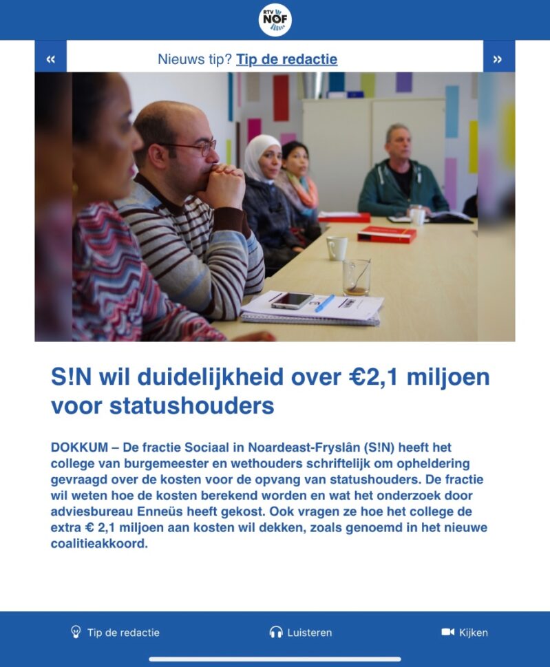 Schriftelijke vragen opvang statushouders in Noardeast-Fryslân