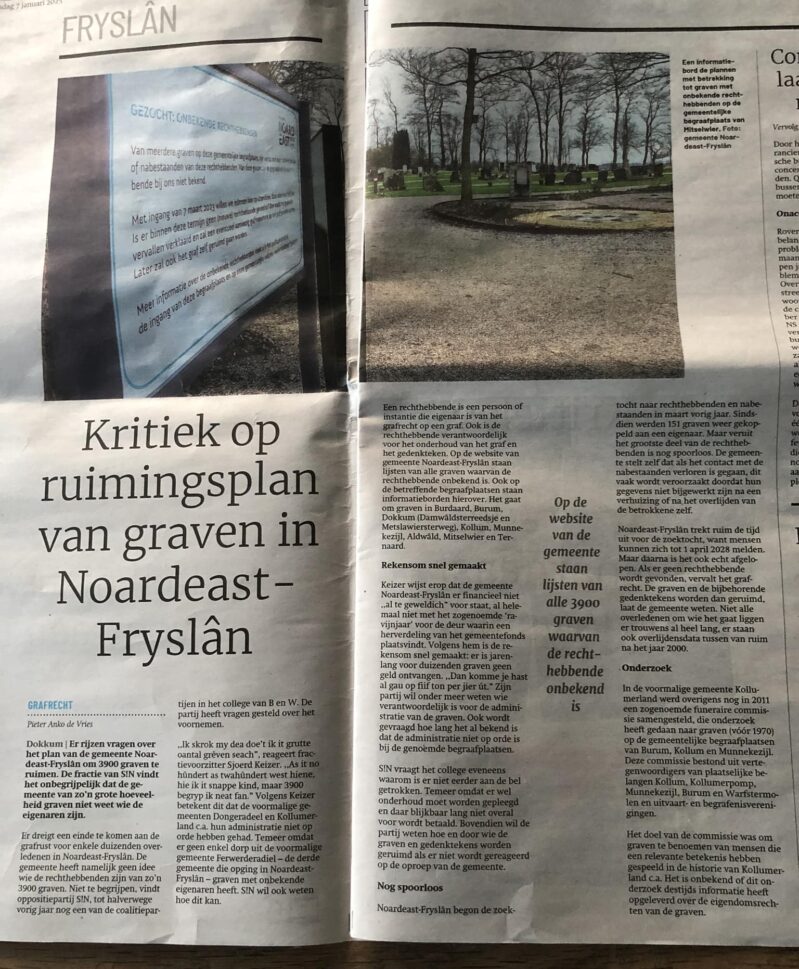 Friesch Dagblad: Kritiek op ruimingsplan graven Noardeast-Fryslân